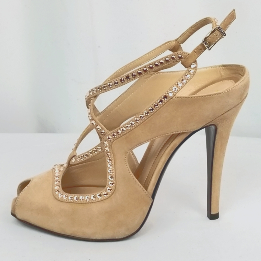 Fendi Beige Crystals Sandals Heels Pumps size 37.5